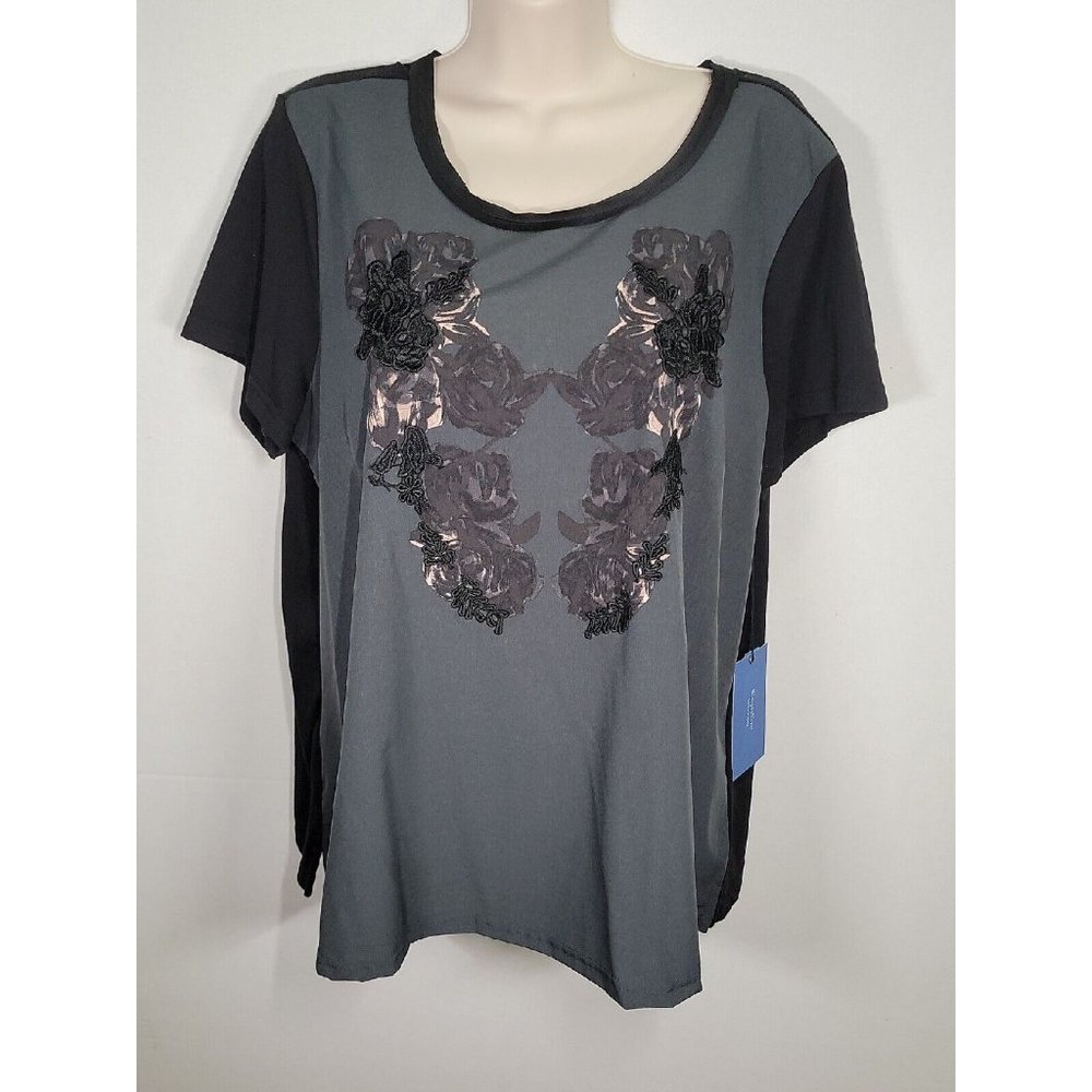 SIMPLY VERA WANG Black/ Sage Woven/Knit with Applique Motif Top Size XL